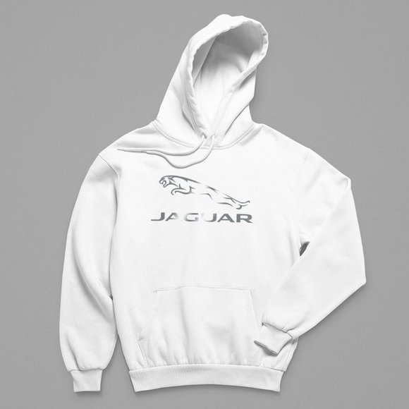 NEW Jaguar Silver Car Logo Long Sleeve Fleece Pullover Hoodie WHITE